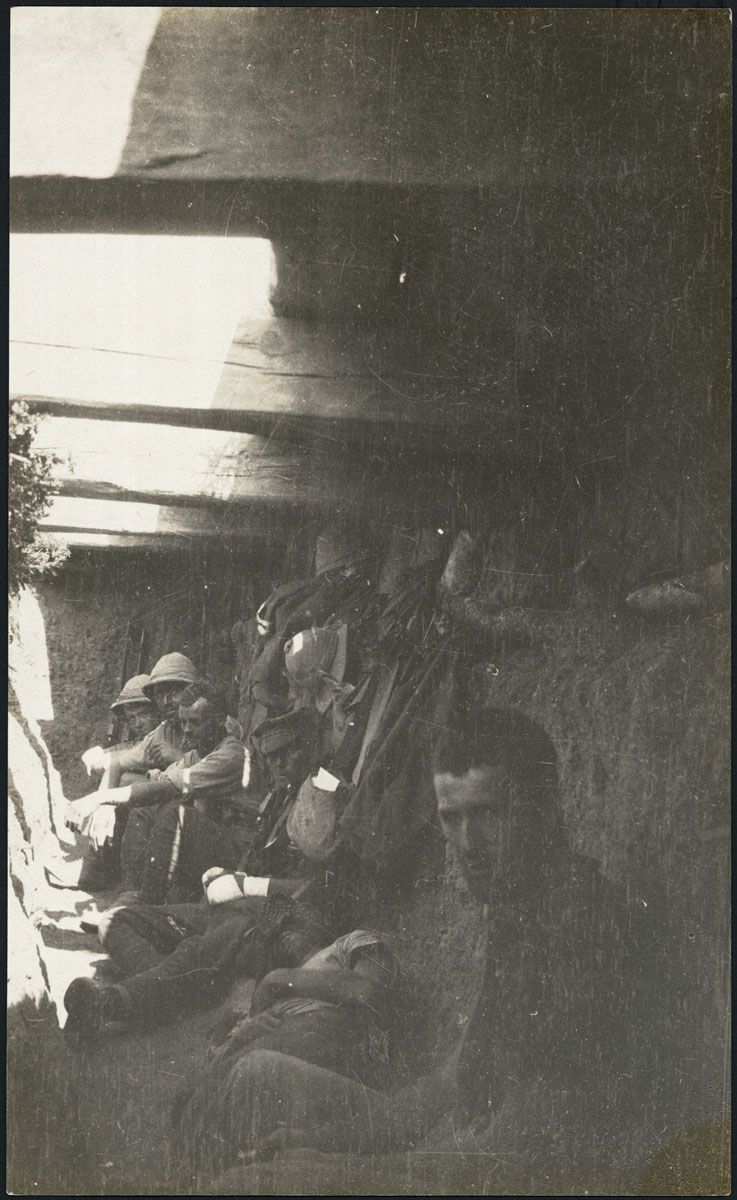 Soldiers of the Auckland Mounted Rifles in a Turkish trench on Old No 3 Outpost 